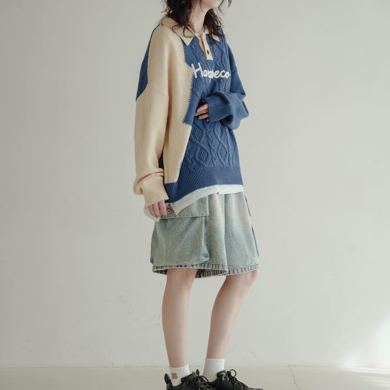 Bicolor Button Knit - ブルー | harapeco Store