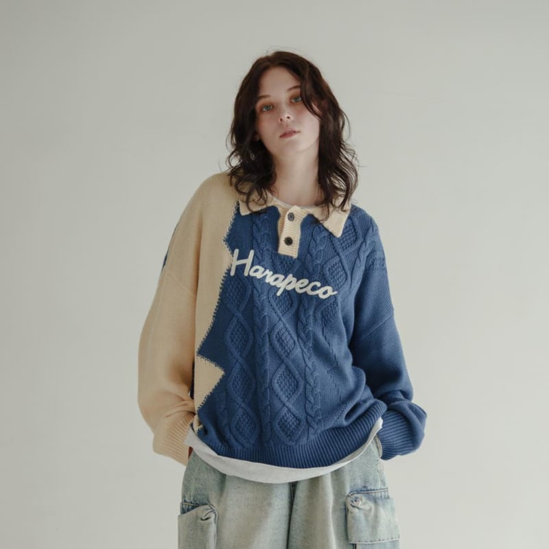 Bicolor Button Knit - ブルー Bicolor Button Knit - ブルー | harapeco Store