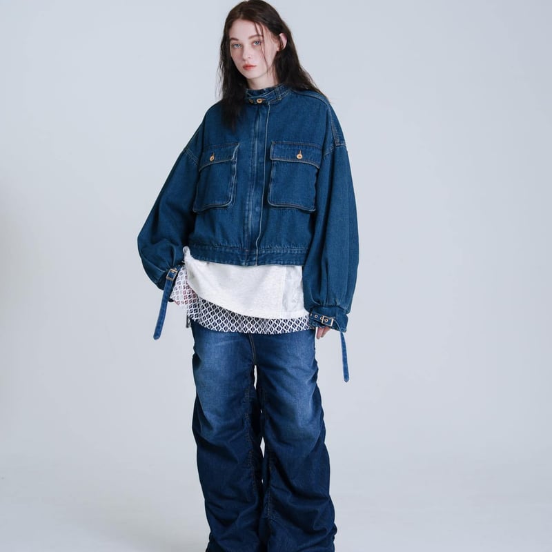 デニムブルー バルーン袖ジャケット Balloon Arm Denim Jacket - ブルー | harapeco Store