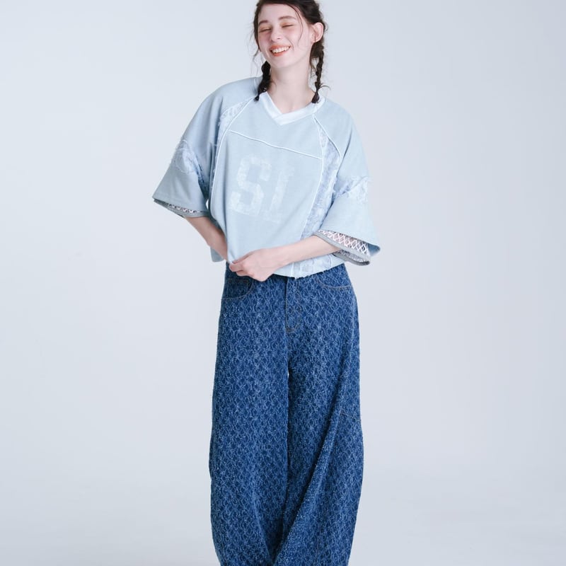 Jacquard Barrel Denim Pants - ブルー | harapeco Store