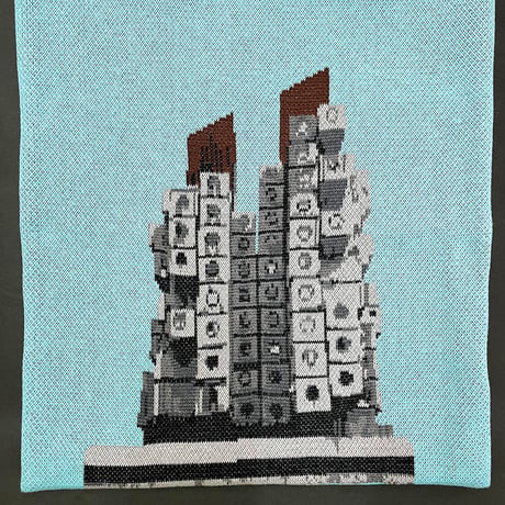 カプセルタワー ニットバッグ（ミントブルー）/ Capsule Tower Building knit tote bag(Mint blue)