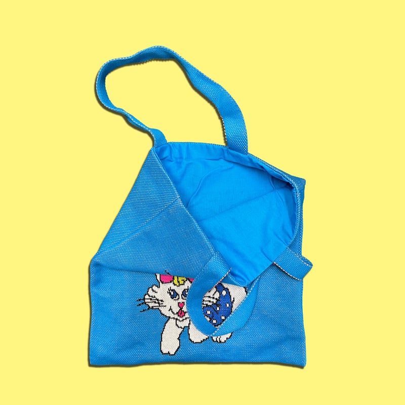 ニャンコ ニットバッグ・ブルー〈ヤナギダ・マサミ x 編み物☆堀ノ内