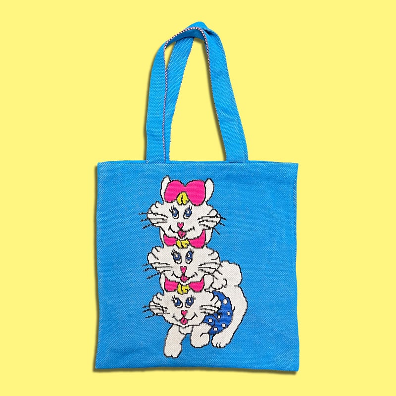 ニャンコ ニットバッグ・ブルー〈ヤナギダ・マサミ x 編み物☆堀ノ内