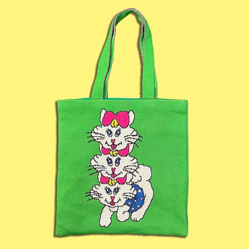 ニャンコ ニットバッグ・グリーン〈ヤナギダ・マサミ x 編み物☆堀ノ内