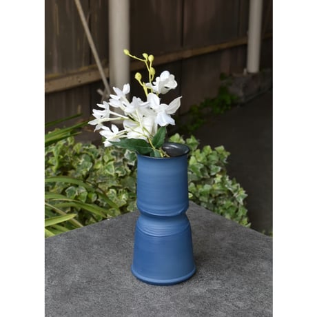 淡い青色 陶器 花瓶 気根 付属 木箱 淡い青色 陶器 花瓶 気根 付属 木箱