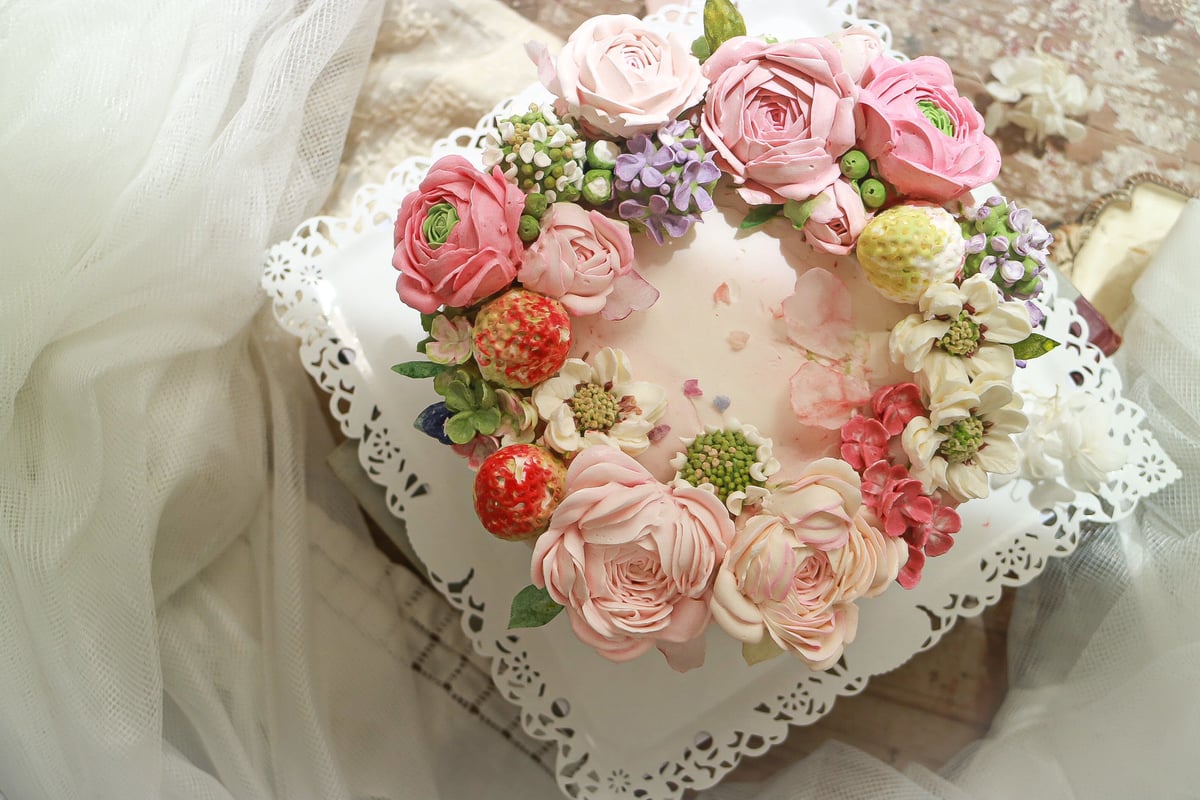 フェイクケーキ Sugar ハンドメイド ピンク ローズ Fake Cube Cake