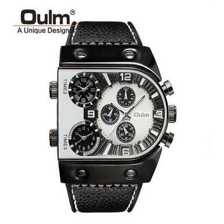 Oulmメンズ腕時計メンズクォーツカジュアルレザーストラップ腕時計スポーツマンのマルチタイムゾーン軍事男性腕時計