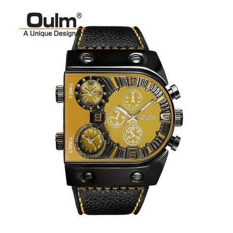 Oulmメンズ腕時計メンズクォーツカジュアルレザーストラップ腕時計スポーツマンのマルチタイムゾーン軍事男性腕時計