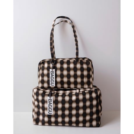 BAGGU Medium Nylon Bowler Bag Blurred Gingham Brown