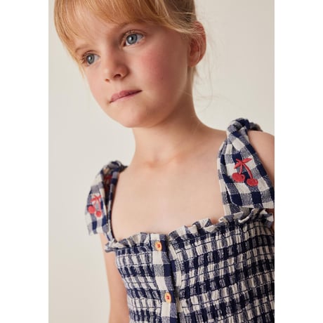 70%OFF Tocoto Vintage LONG VICHY CHECK DRESS WITH STRAPS NAVY(2Y,3Y)