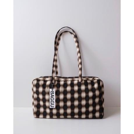 BAGGU Medium Nylon Bowler Bag Blurred Gingham Brown