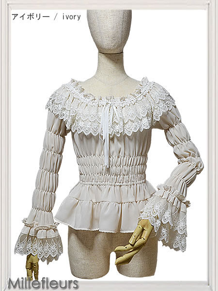 2865☆Millefleurs ミルフルール　レースブラウス　フリル　長袖　M ジョーゼットとレースのブラウス」 | Millefleurs (ミルフルール）