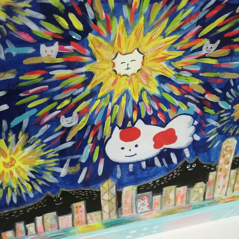 原画 猫 ねこ ※額装済み 原画：宙を歩く～光を知った猫～（サイズ：F8号（額縁含む 横