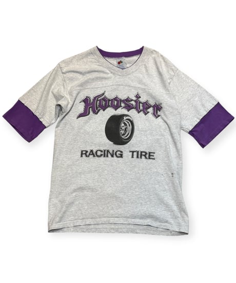 【USED】1990s HOOSIER RACING TIRE フットボールTシャツ グレーパープル Lサイズ USA製
