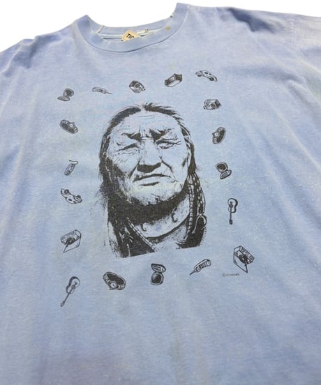 【USED】1990s インディアン プリントTシャツ フェードブルー XLサイズ アメリカ製