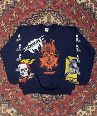 【USED】2000s POWELL PERALTA  ZORLAC パウエル マルチプリント Bootleg クルーネックスウェット NAVY