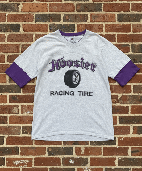 【USED】1990s HOOSIER RACING TIRE フットボールTシャツ グレーパープル Lサイズ USA製