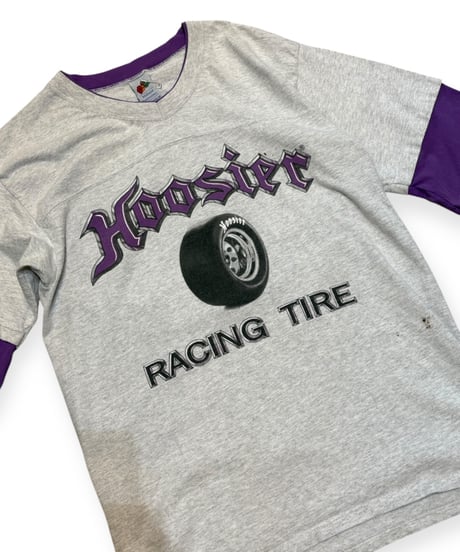 【USED】1990s HOOSIER RACING TIRE フットボールTシャツ グレーパープル Lサイズ USA製