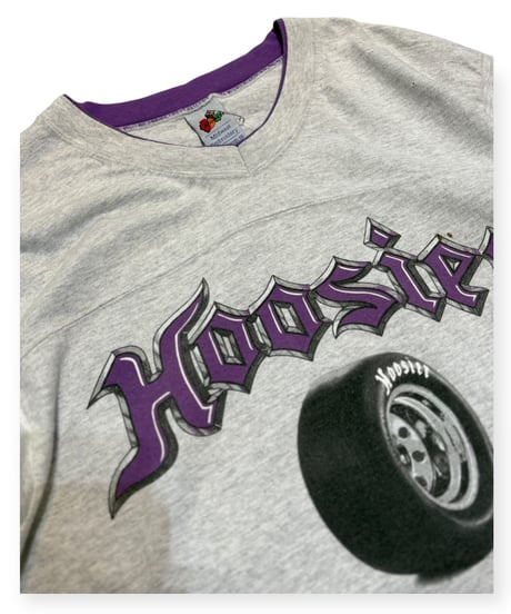 【USED】1990s HOOSIER RACING TIRE フットボールTシャツ グレーパープル Lサイズ USA製