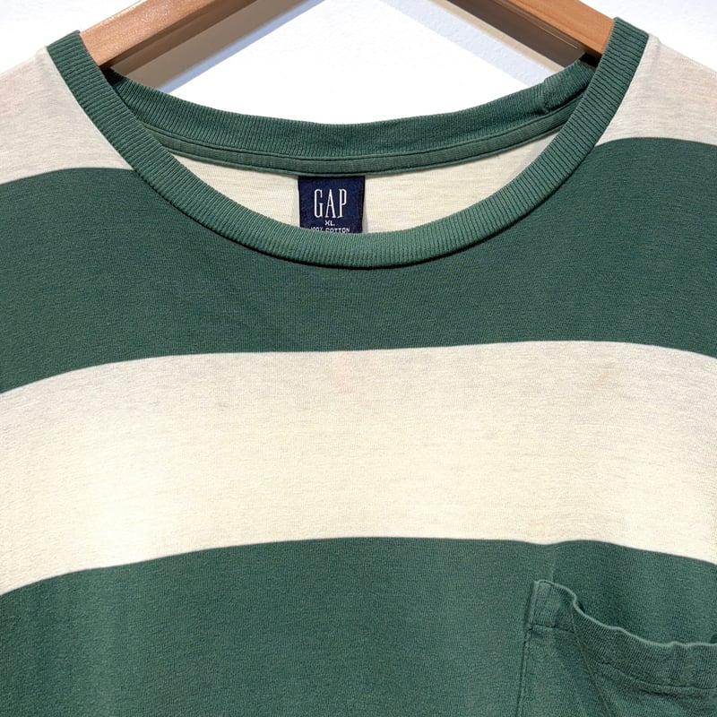 トップス OLD GAP GREEN BORDER SHIRT Y2K 90s OLD GAP ボーダーTシャツ Green x White XLサイズ アメリ