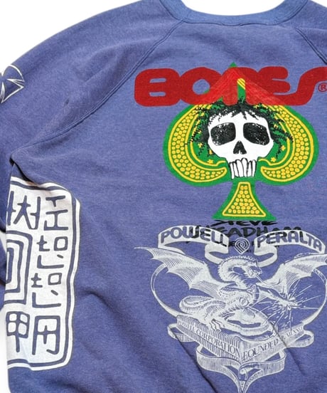 【USED】2000s POWELL PERALTA パウエル マルチプリント Bootleg クルーネックスウェット ブルー 3XLサイズ