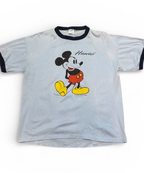 【USED】1990s Disney ミッキーマウス Hawaii リンガー半袖Tシャツ 水色 Lサイズ アメリカ製 ベルバシーンボディ