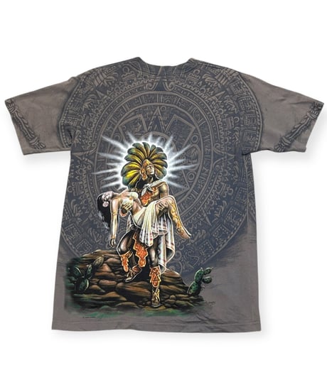 【USED】1990s AZTEC メキシコ 総柄 SS T-SHIRT GRAY Lサイズ USA製