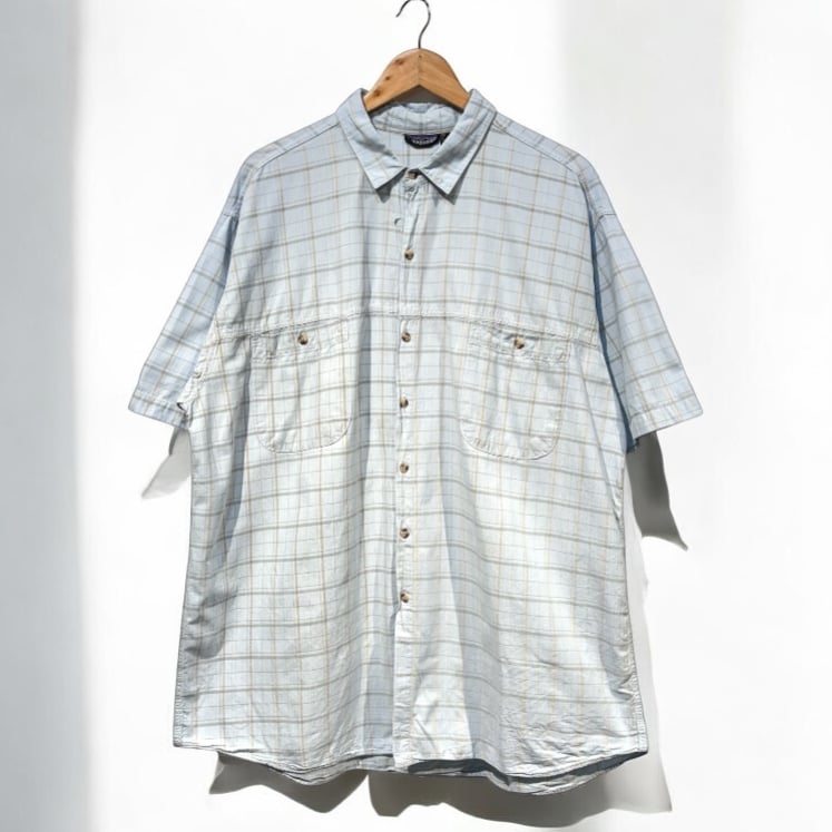 【patagonia 】美品90sビンテージシャツ　香港　Lサイズ 80s~90s patagonia Stripe Cotton L/S Shirt 黄緑 M パタゴニア