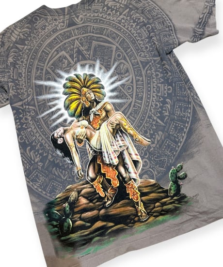 【USED】1990s AZTEC メキシコ 総柄 SS T-SHIRT GRAY Lサイズ USA製