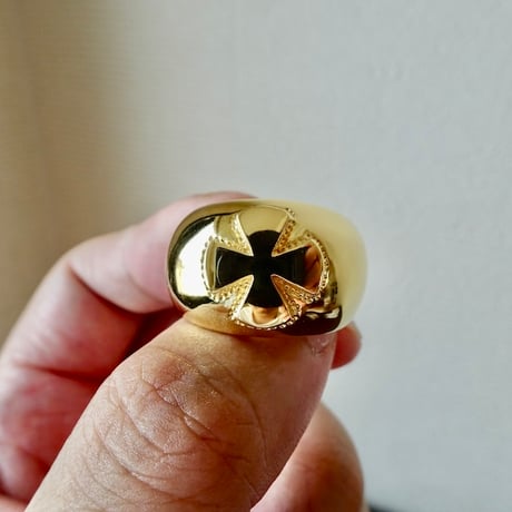 仁尾彫金『k１８ゴールド、アイアンクロス甲丸リング』ハンドメイド417
