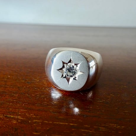 仁尾彫金『一つ星ジルコニア、プラチナ、楕円の印台リング2』ハンドメイド343