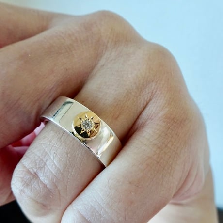 仁尾彫金『一つ星ダイヤ、k18太陽の平打リング、幅７mm』ハンドメイド564