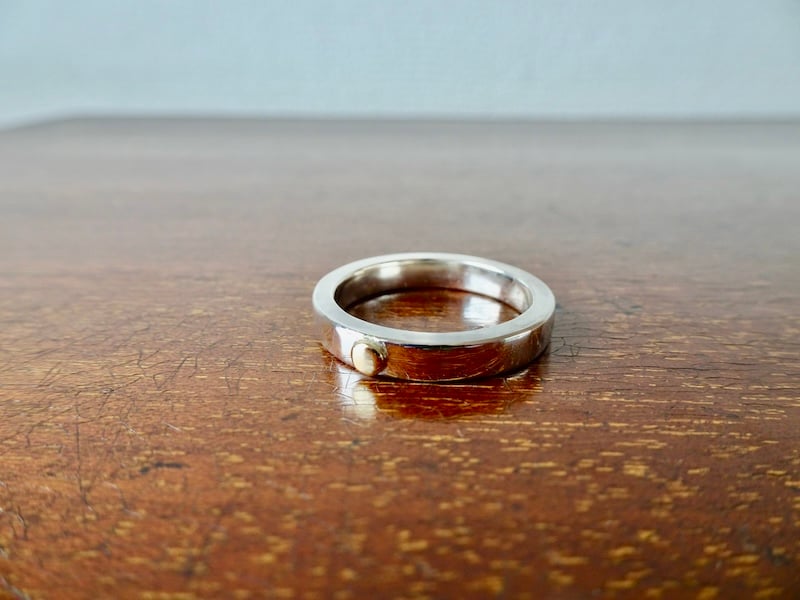 仁尾彫金『k18一粒万倍、幅3.5mm、プラチナ平打リング』ハンドメイド 