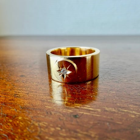 仁尾彫金『全金、一つ星ダイヤ、太陽の平打リング、幅１cm』ハンドメイド563
