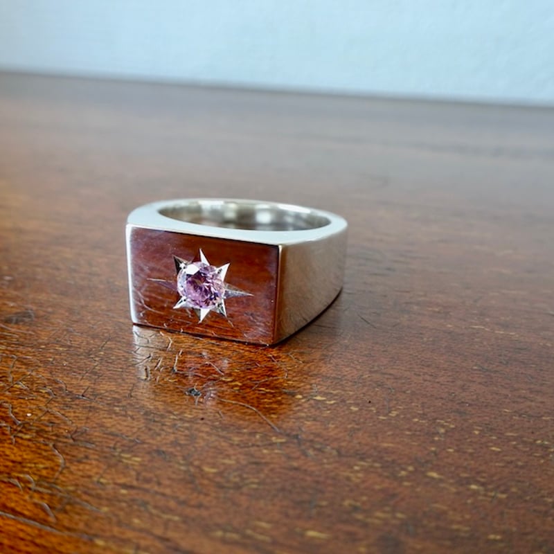 仁尾彫金『一つ星5mmピンクジルコニア印台リング、磨き』ハンドメイド 