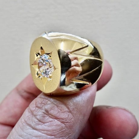 仁尾彫金『一つ星ジルコニアコピアポアゴールド楕円の印台リング』ハンドメイド184