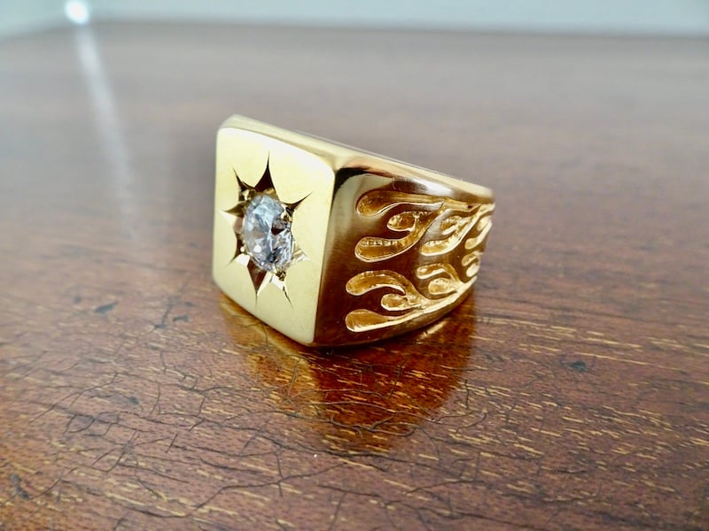 仁尾彫金『一つ星ジルコニア、ファイヤーパターン、ゴールド印台リング 仁尾彫金『一つ星ジルコニア、ファイヤーパターン、ゴールド印台リング