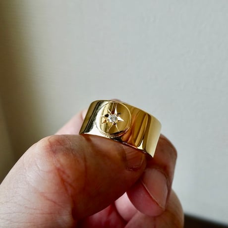 仁尾彫金『全金、一つ星ダイヤ、太陽の平打リング、幅１cm』ハンドメイド563