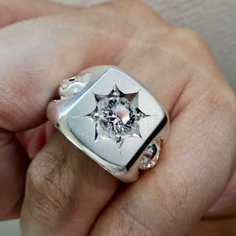仁尾彫金『一つ星ジルコニア、ラッキースカル印台リング』ハンドメイド