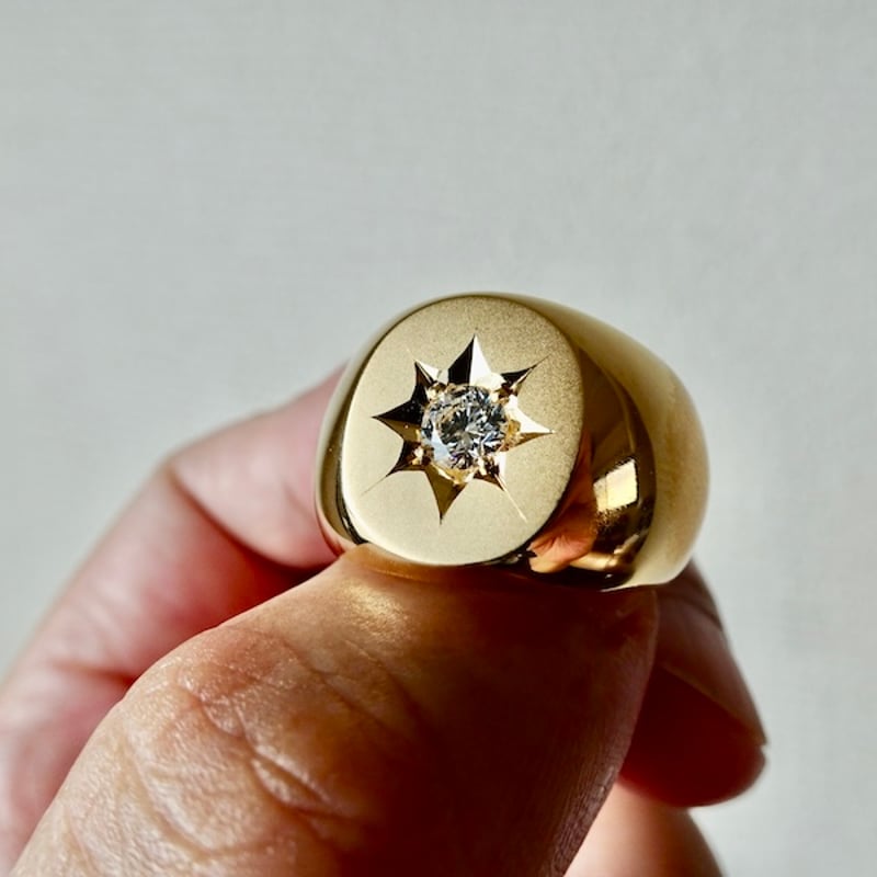 仁尾彫金『一つ星ジルコニア、k18、楕円の印台リング2』ハンドメイド  