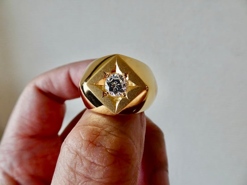仁尾彫金『一つ星ジルコニア、k18菱形印台リング』ハンドメイド346