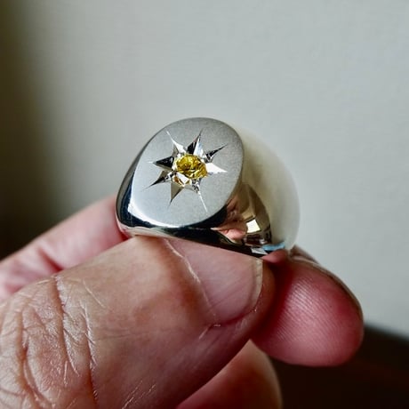 仁尾彫金『一つ星イエロージルコニア、楕円の印台リング2』ハンドメイド550