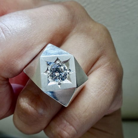 仁尾彫金『一つ星ジルコニア、ブロックシルバーリング』ハンドメイド205