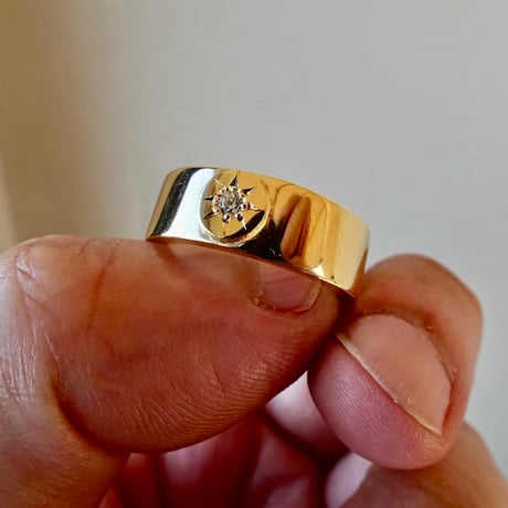 仁尾彫金『一つ星ダイヤ、全金、太陽の平打リング、幅７mm』ハンドメイド553