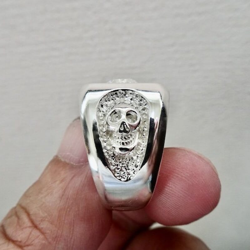 仁尾彫金『一つ星ジルコニア、ラッキースカル印台リング』ハンドメイド  