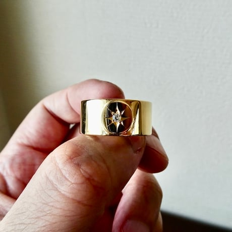仁尾彫金『全金、一つ星ダイヤ、太陽の平打リング、幅１cm』ハンドメイド563