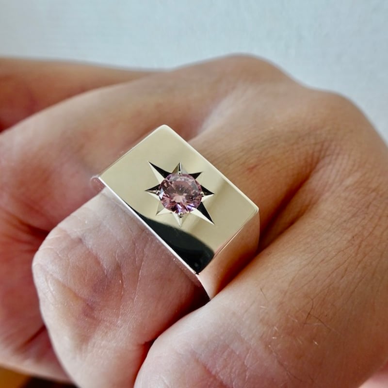 仁尾彫金『一つ星5mmピンクジルコニア印台リング、磨き』ハンドメイド 