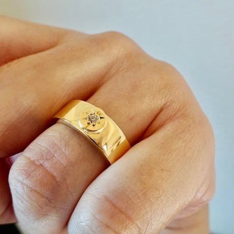 仁尾彫金『一つ星ダイヤ、全金、太陽の平打リング、幅７mm』ハンドメイド553