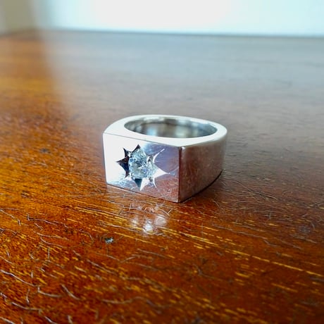 仁尾彫金『一つ星５mmジルコニア印台リング、磨き』ハンドメイド373