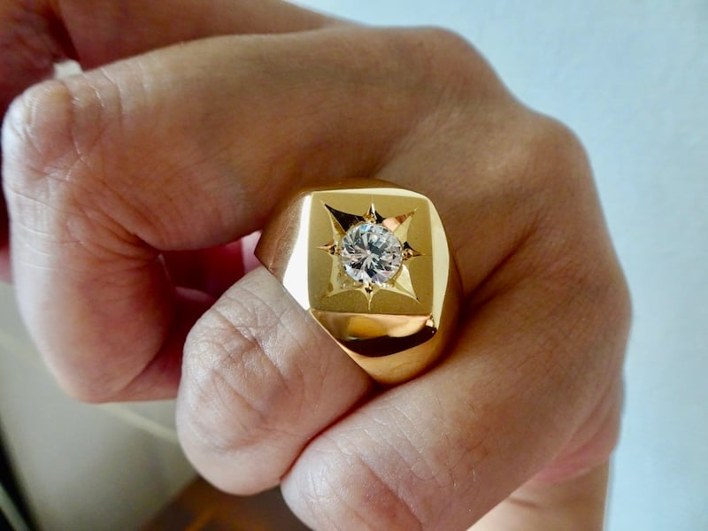 仁尾彫金『一つ星ジルコニア、k18菱形印台リング』ハンドメイド346